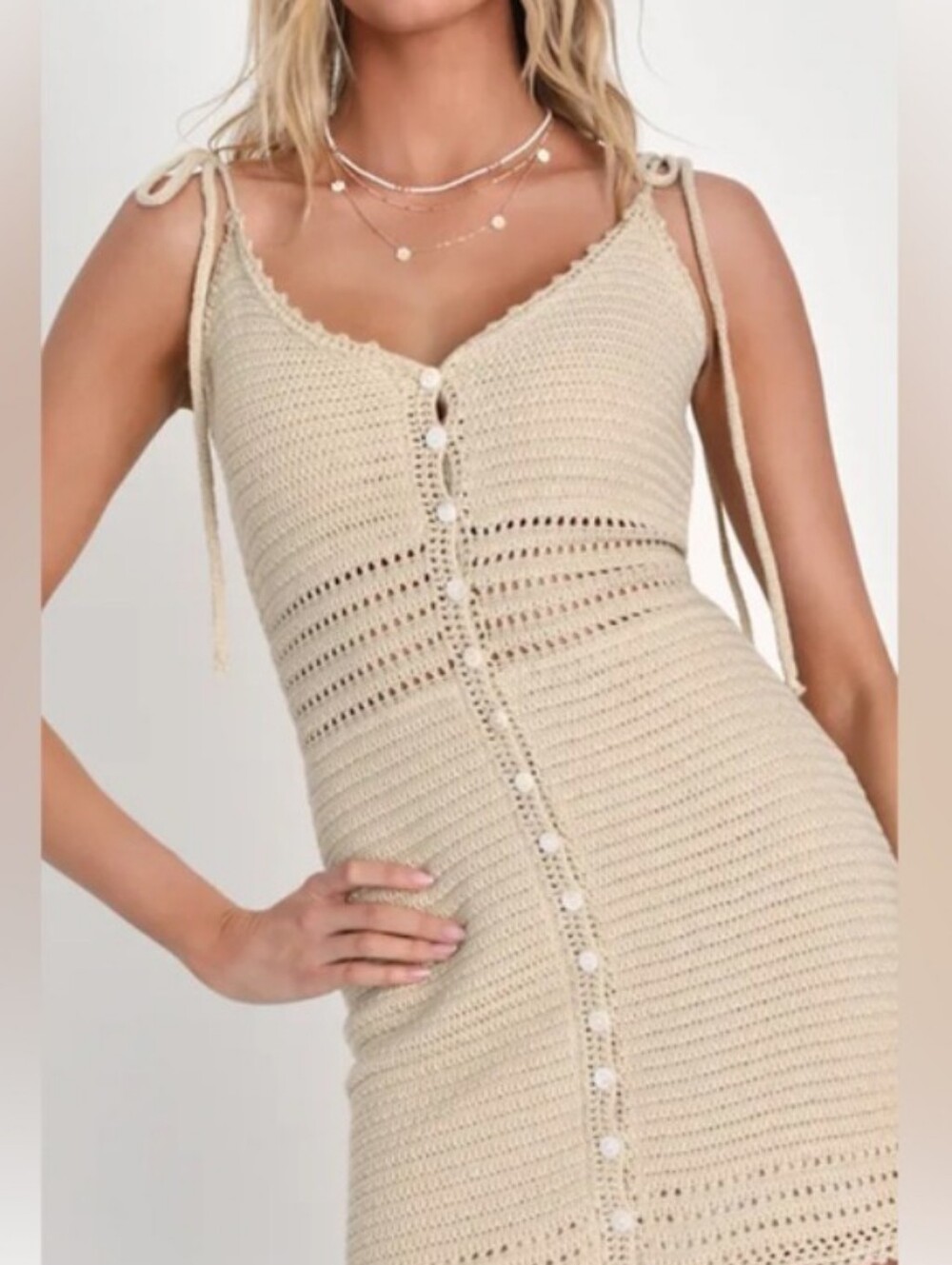 Olive & Oak Beige Crochet Button-Front Mini Dress